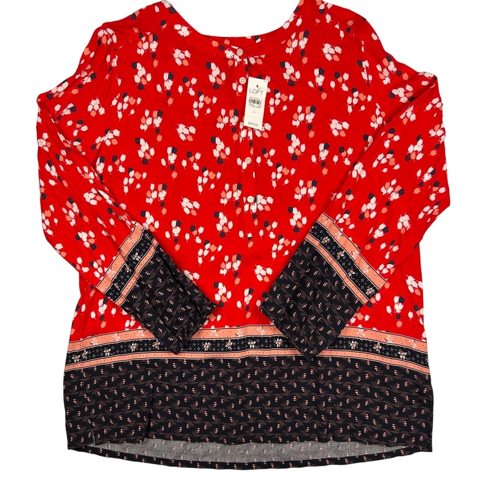 LOFT Red Floral Tulip Henley Blouse Long‎ Sleeve Border Print Top Large NWT
